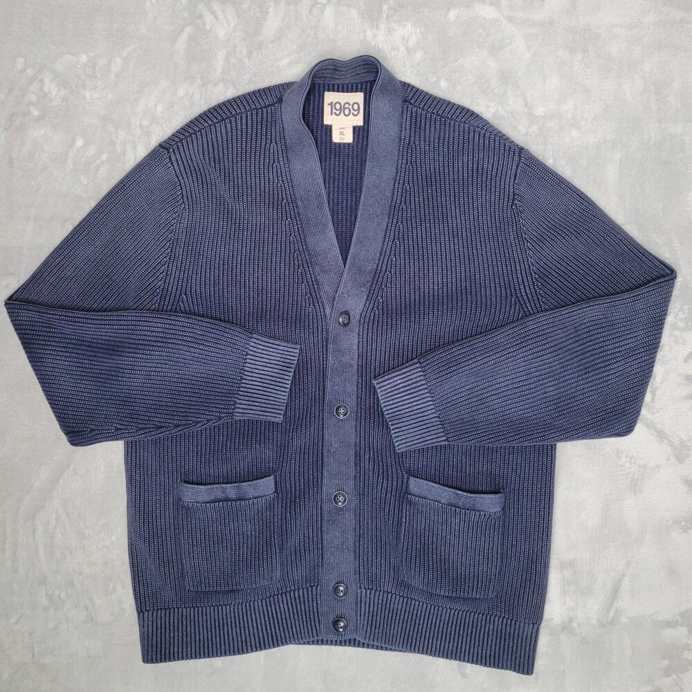 GAP 1969 Indigo Blue Ribbed Cardigan Sz XL Rinse Washed Cotton Old Money Preppy